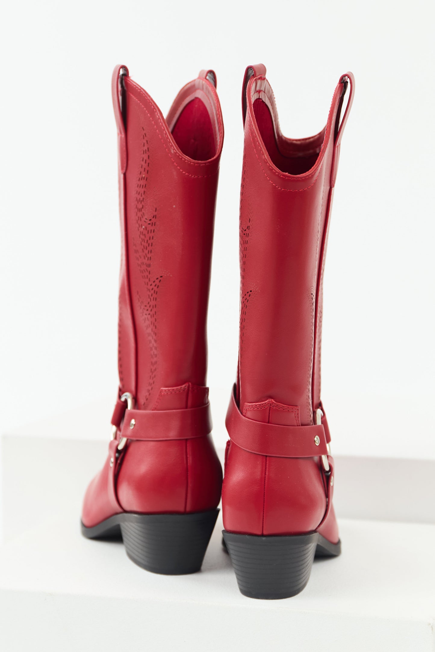 Cherry Embroidered Riding Strap Heeled Boots