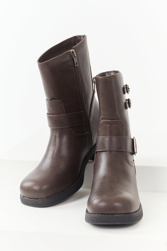 Chocolate Faux Leather Buckle Detail Block Heel Boots