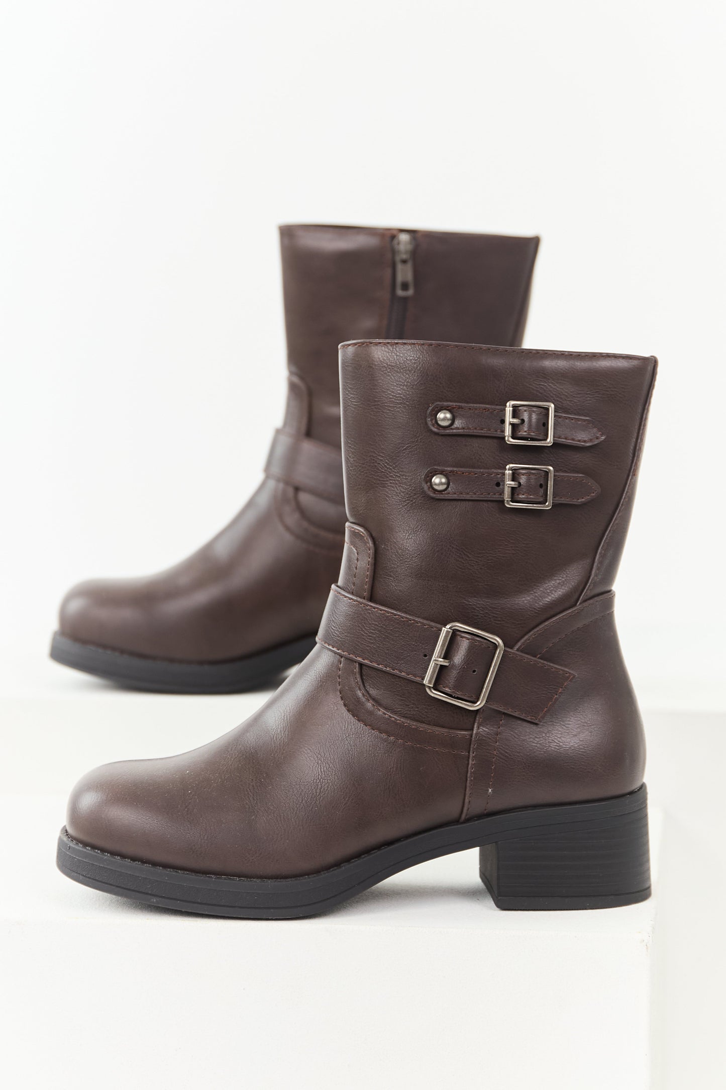 Chocolate Faux Leather Buckle Detail Block Heel Boots
