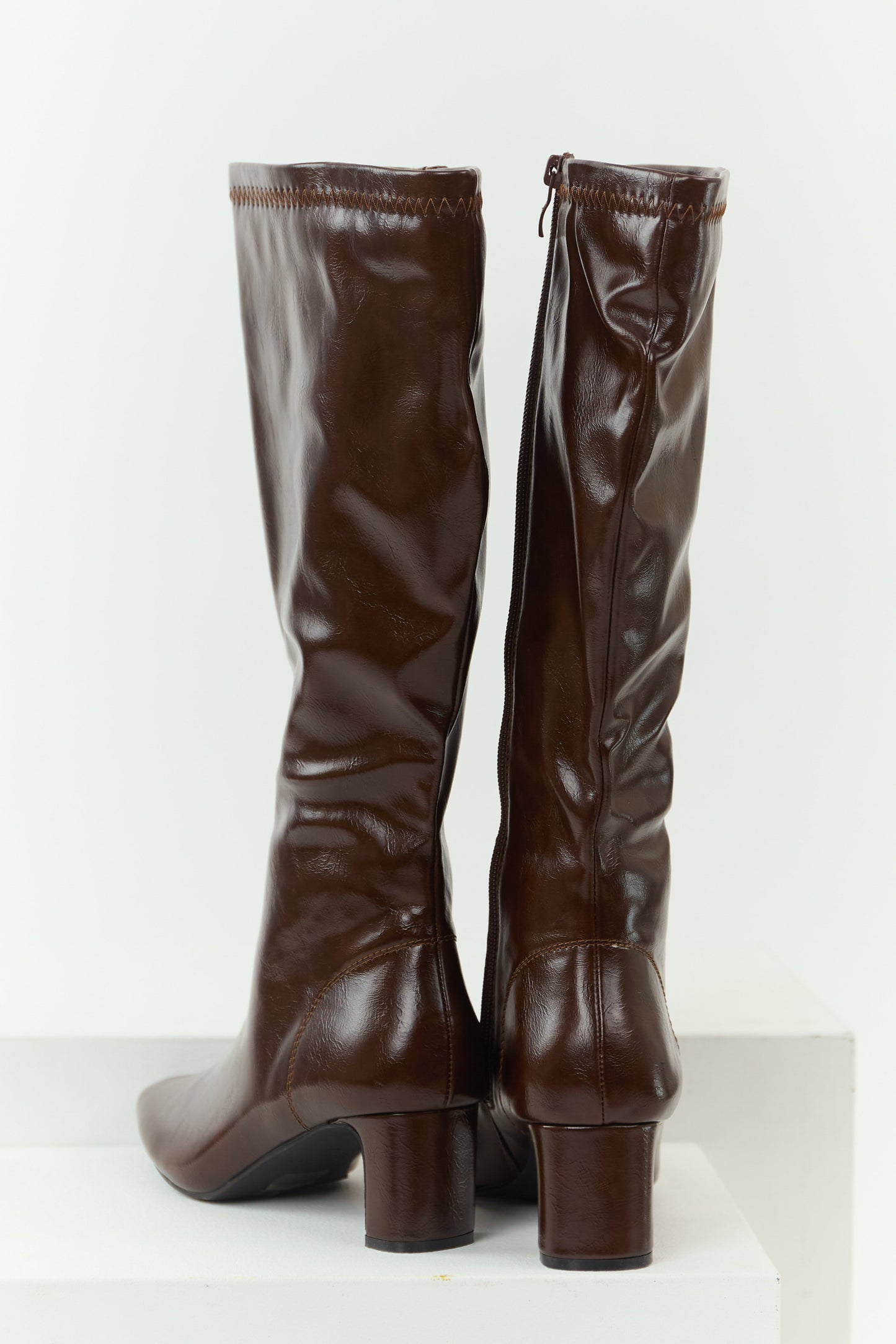 Chocolate Faux Leather Pointed Toe Tall Block Heel Boots