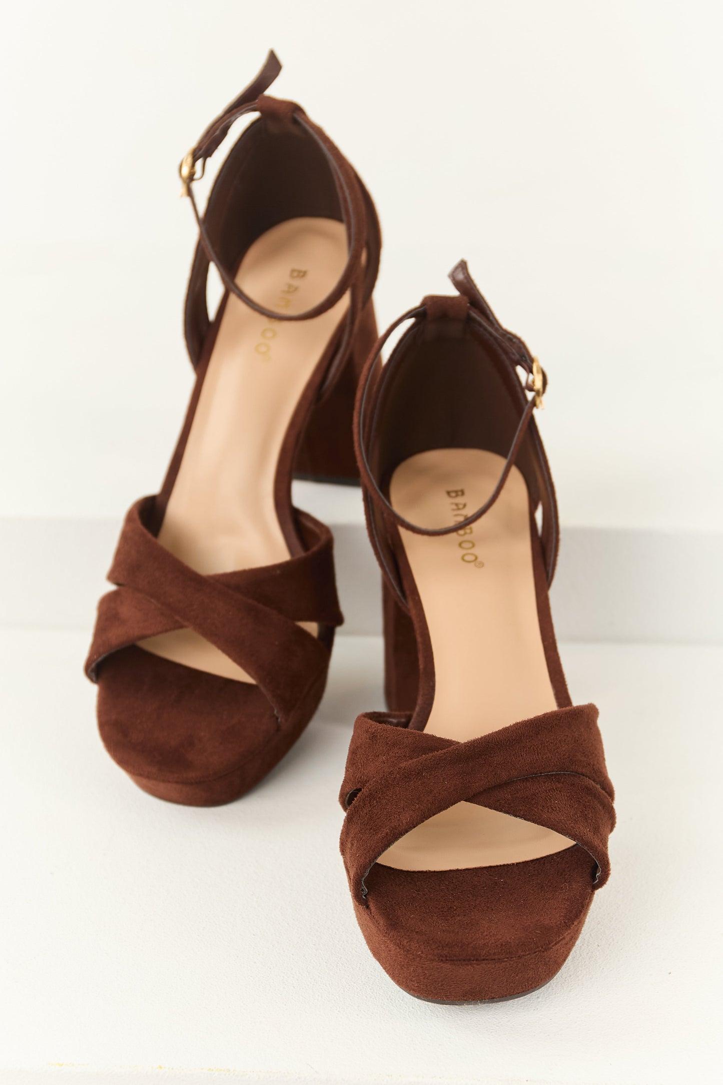 Chocolate Open Toe Strappy Platform Block Heels