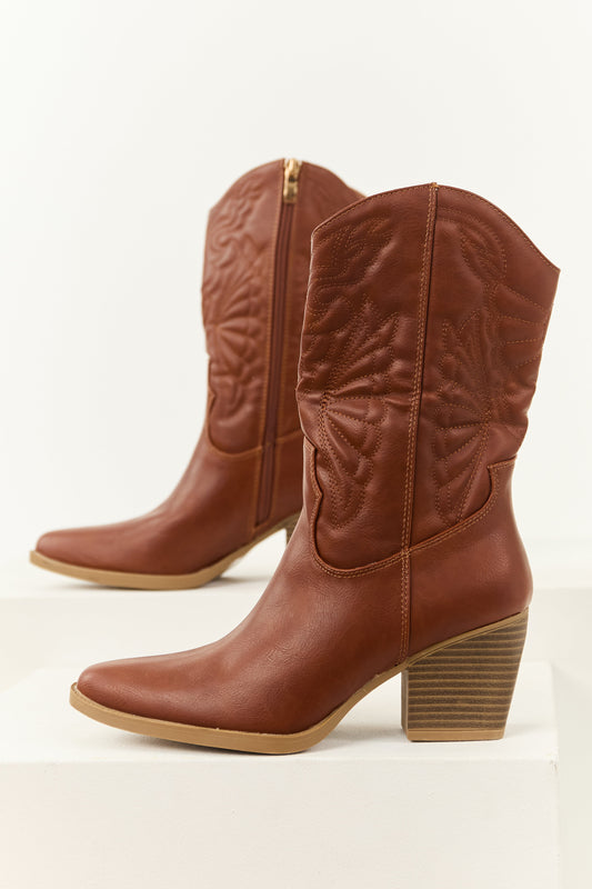 Cinnamon Faux Leather Block Heel Cowboy Boots