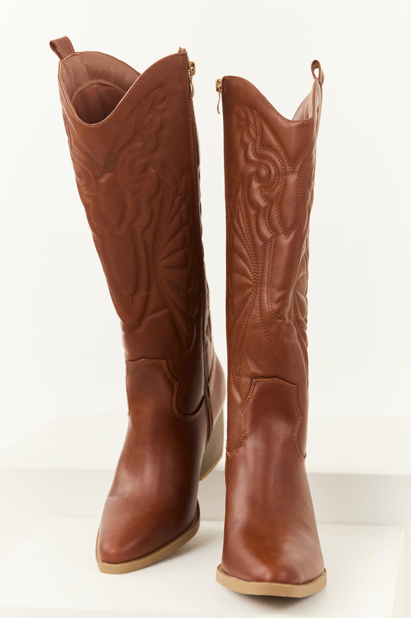 Cinnamon Faux Leather Tall Block Heel Cowboy Boots