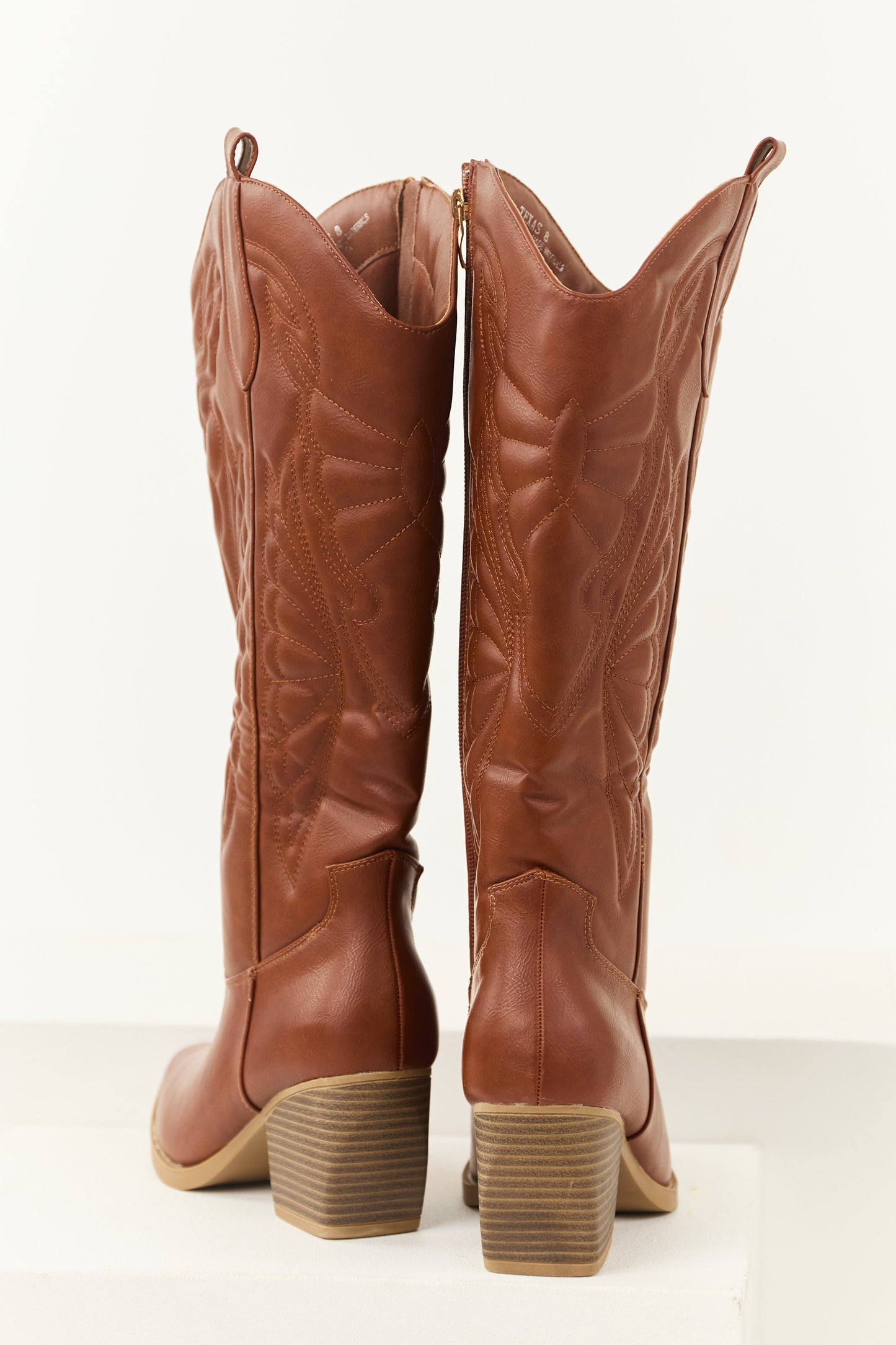 Cinnamon Faux Leather Tall Block Heel Cowboy Boots