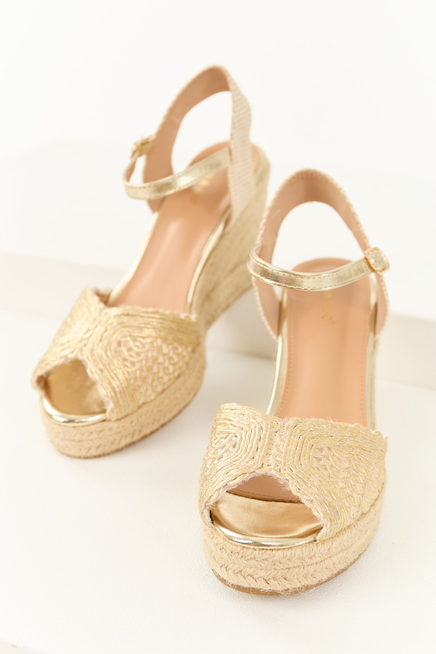 Gold Metallic Coated Crochet Strap Espadrille Wedges
