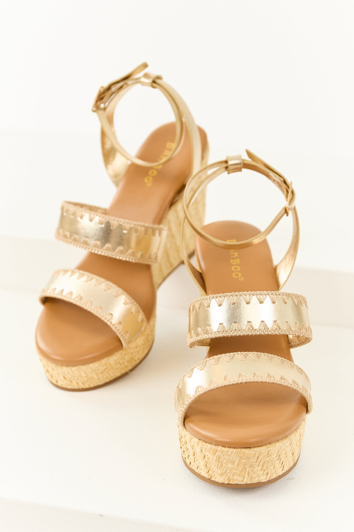 Gold Strappy Open Round Toe Raffia Platform Wedges