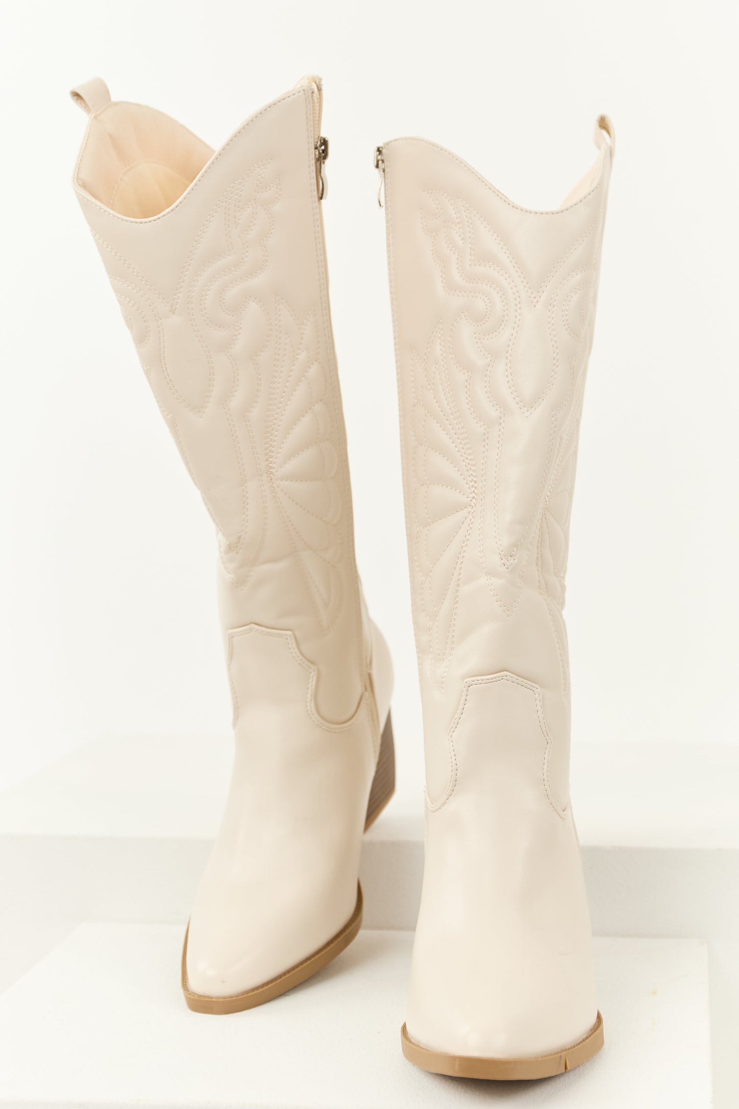 Ivory Faux Leather Tall Block Heel Cowboy Boots