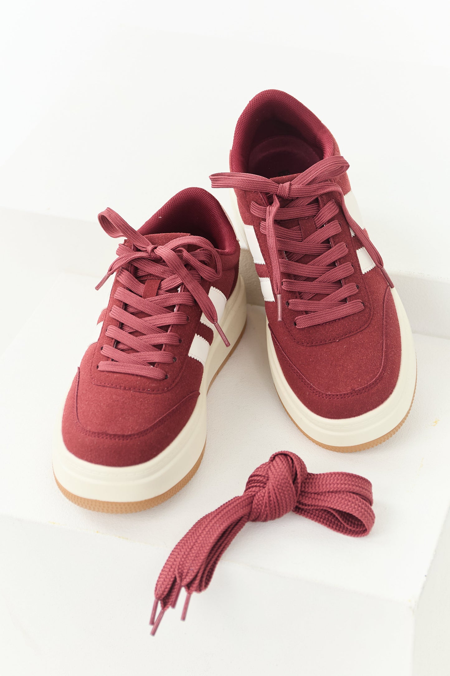 Maroon and Off White Lace Up Platform Sneakers
