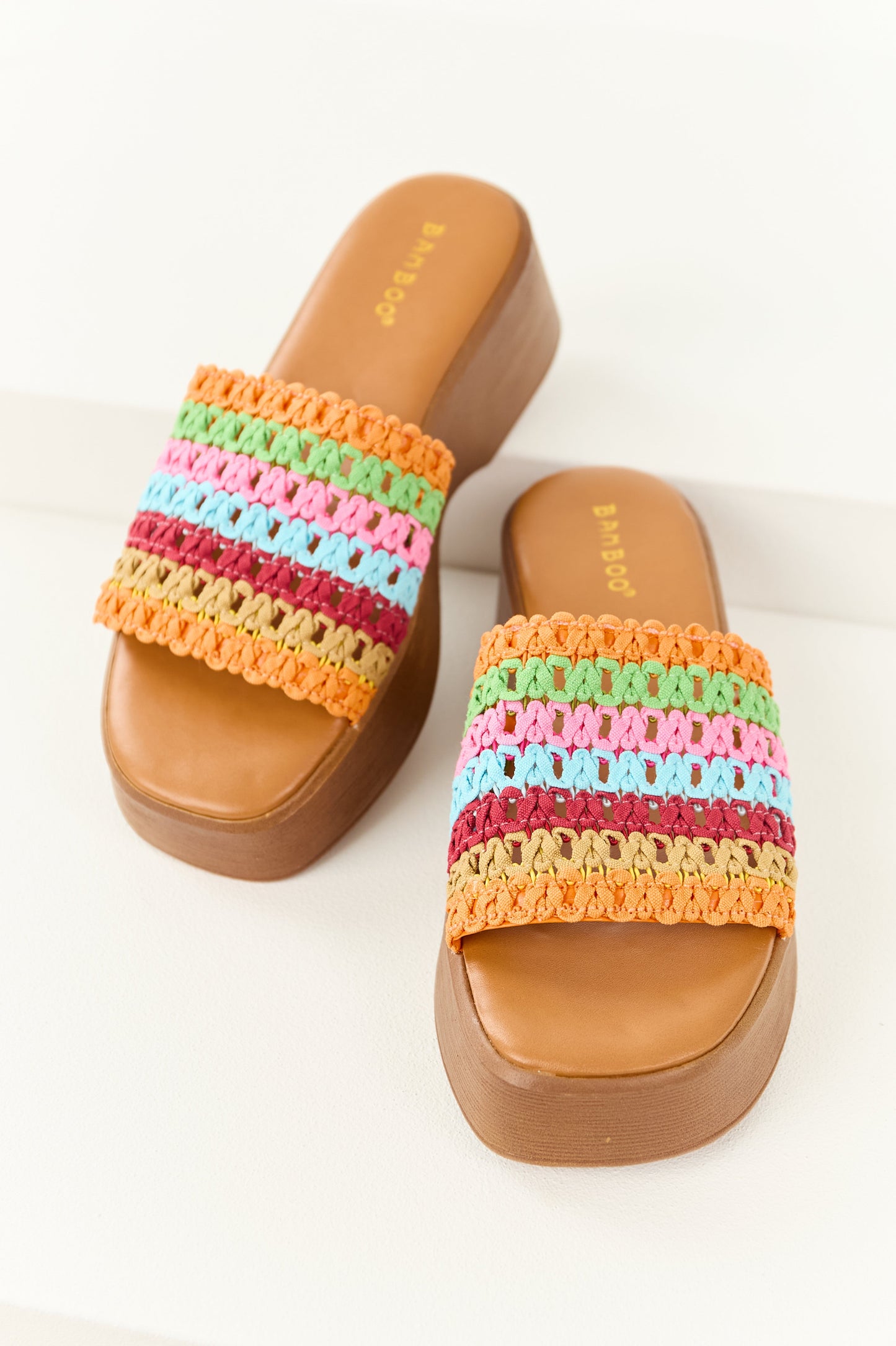 Multicolor Crochet Strap Platform Slip On Sandals