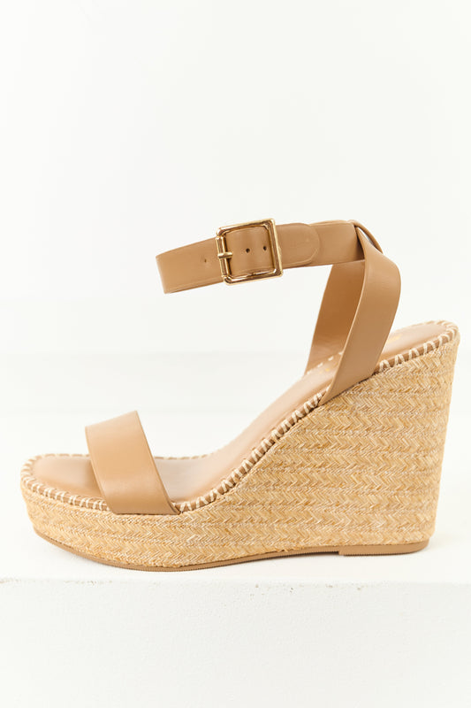 Peanut Open Toed Ankle Strap Raffia Platform Wedges