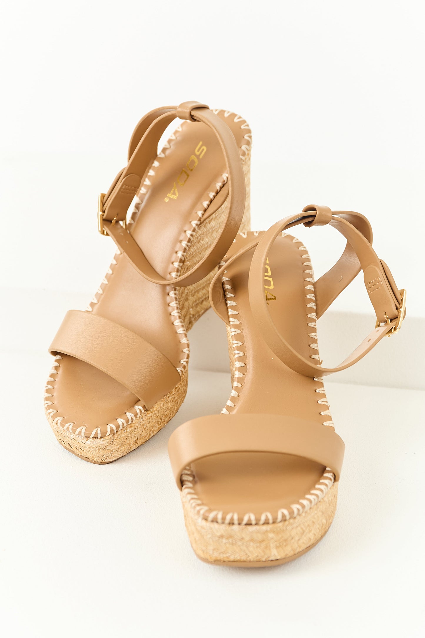 Peanut Open Toed Ankle Strap Raffia Platform Wedges