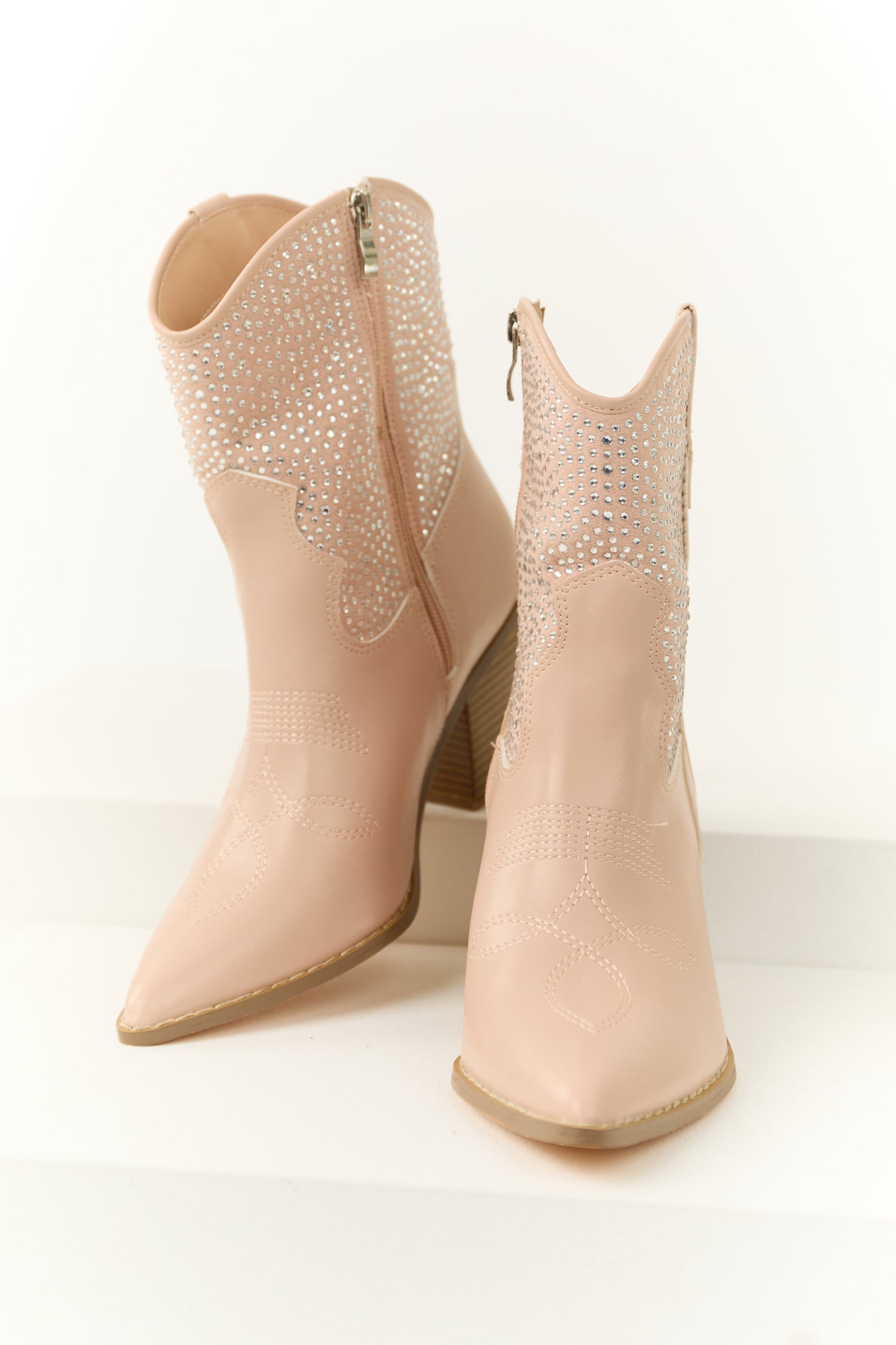 Pale Blush Rhinestone Embellished Western Booties