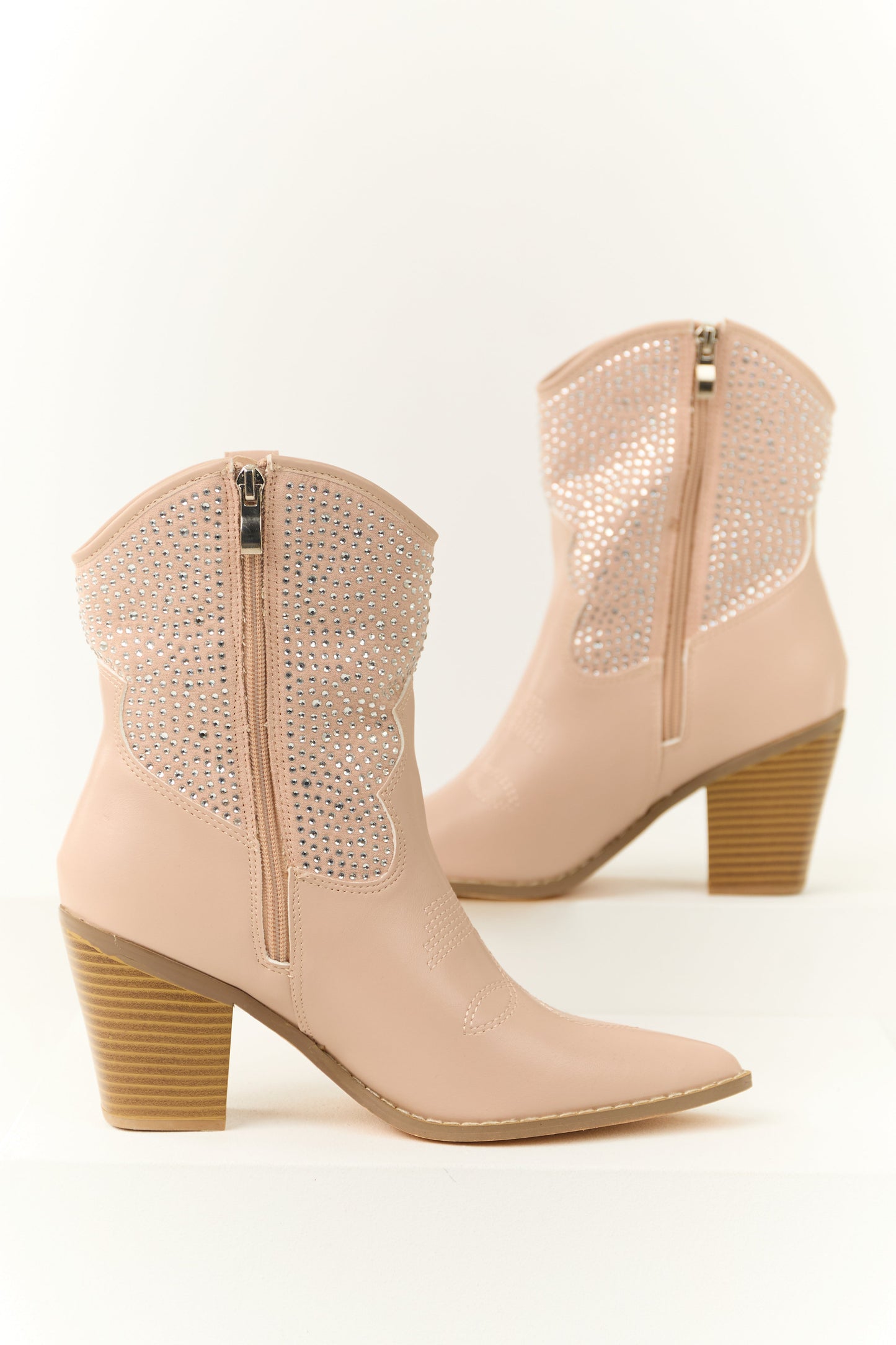 Pale Blush Rhinestone Embellished Western Booties