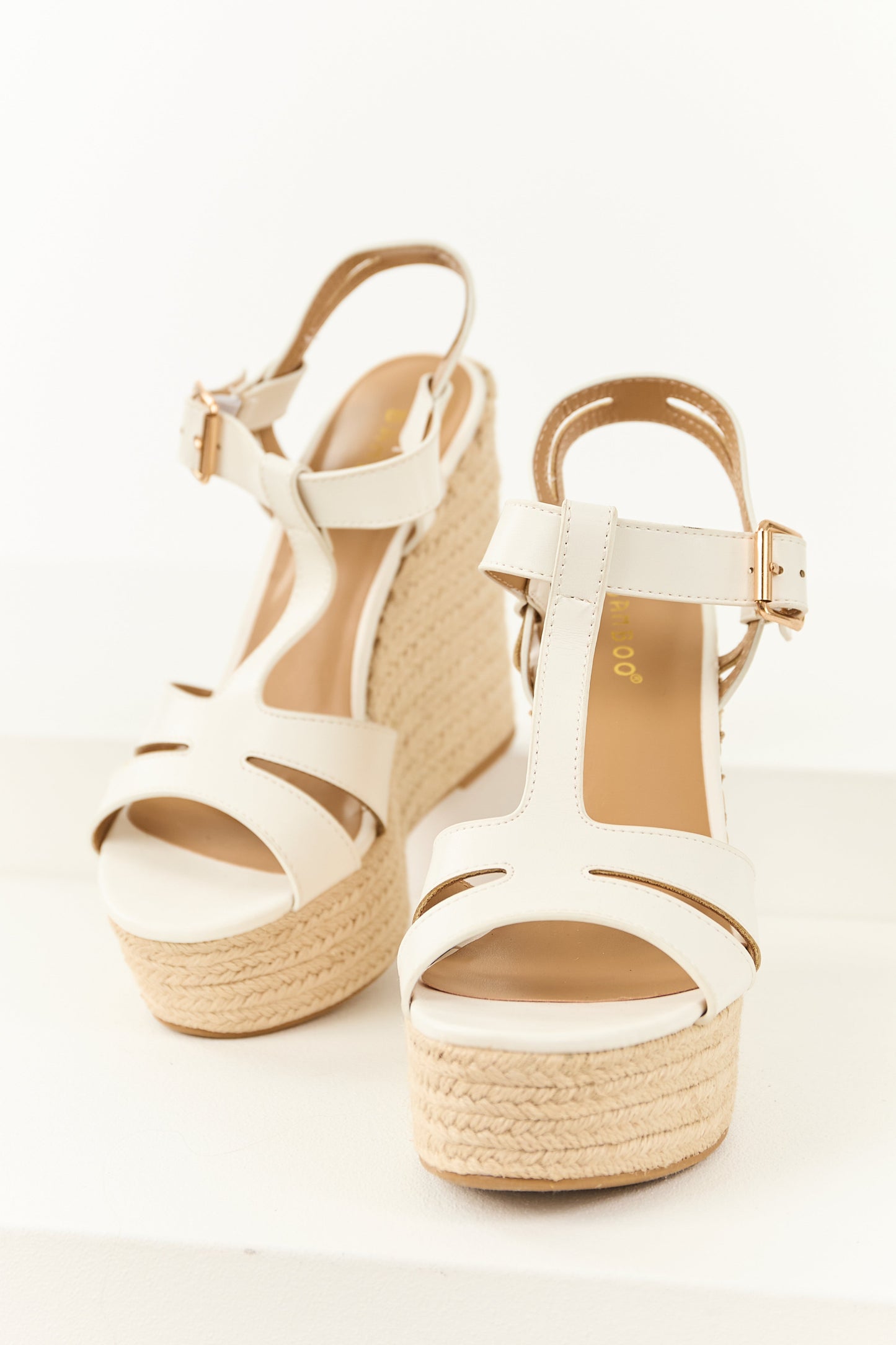 White Cut Out T Strap Espadrille Platform Wedges